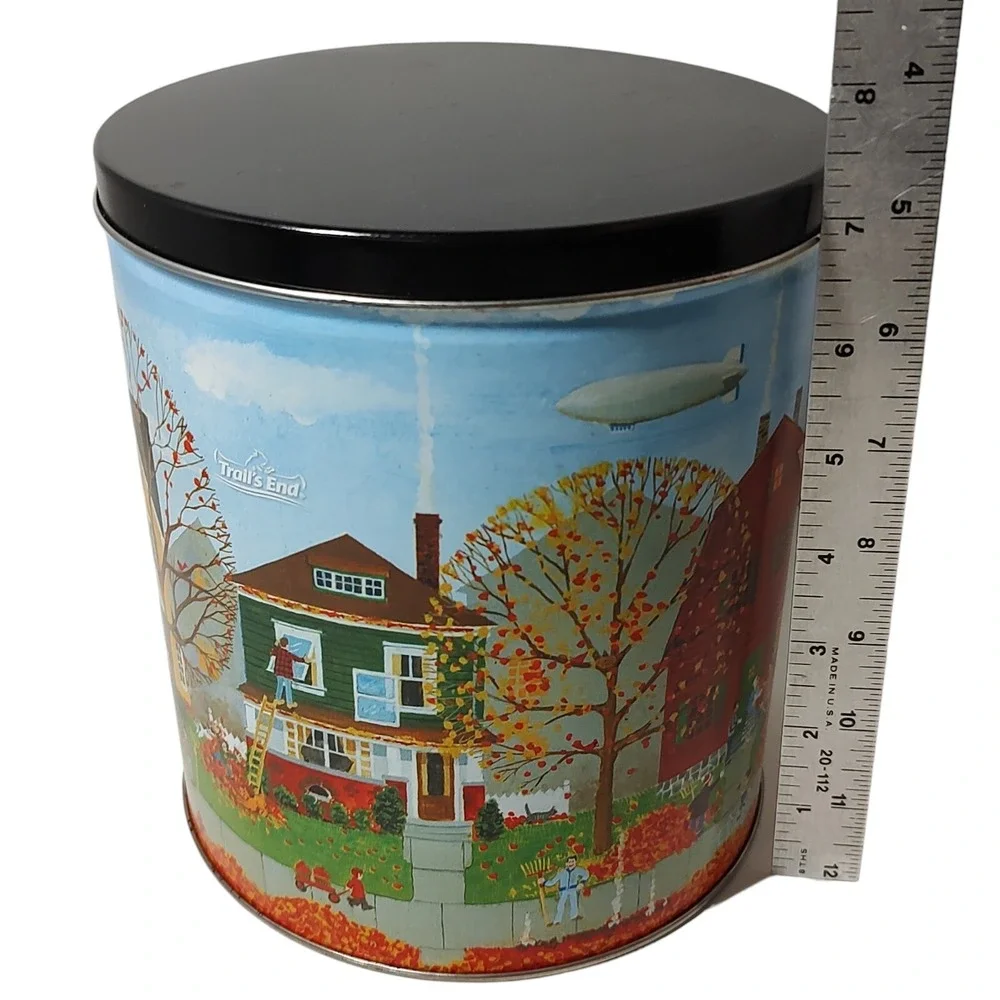 Vintage Trails End Autumn Tin Canister Fall Leaves and Houses Neighborhood Round
